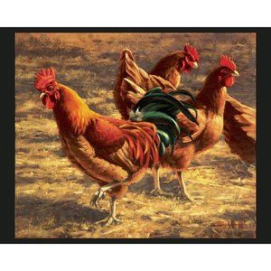 Chicken Roosters Yard Birds Farm - Fabric Quilt Panel - 100% Cotton - 36" x 45"